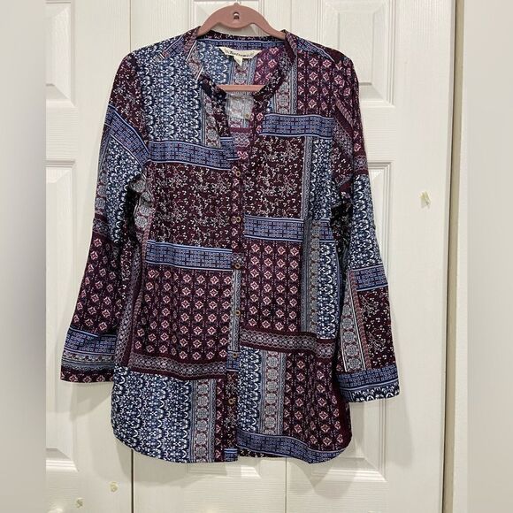 NWT Tantrums 3/4 quarter sleeve button down top Patchwork print front size L - Picture 2 of 8
